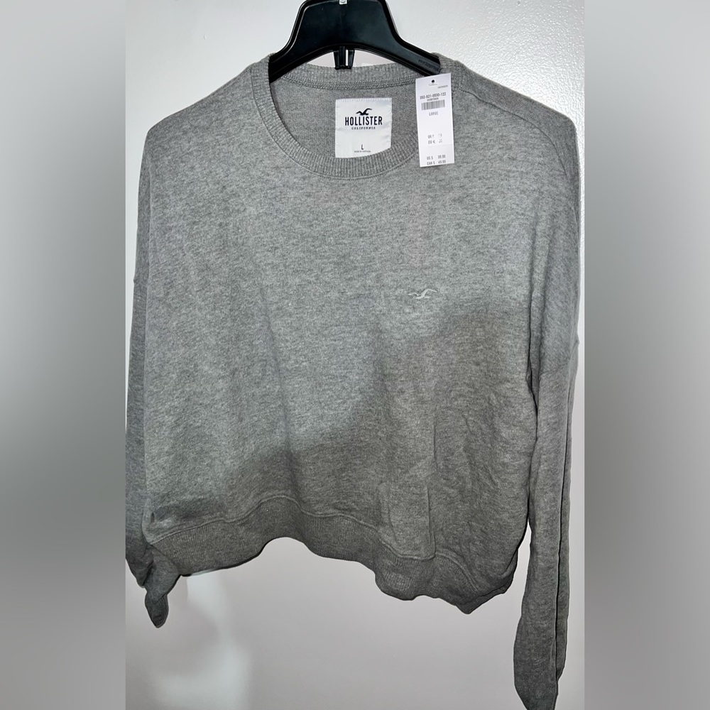 🌸Hollister Cropped Crewneck Pullover Sweatshirt Gray Size Large NWT